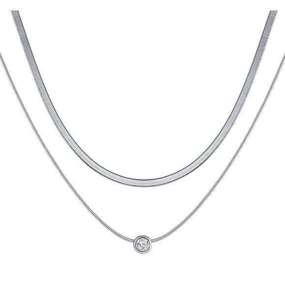 Silver 14k White Gold Plated 2pc Herringbone CZ Necklace Set - Picture 2 of 3